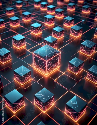 A futuristic and artistic arrangement of transparent and reflective cubes with blue and orange lighting creating an immersive visual experience, Generative AI.