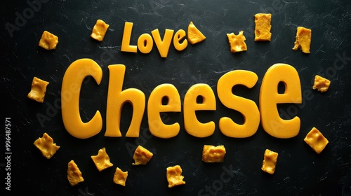 Cheese themed typography with the phrase Love Cheese carved from yellow cheddar on a dark background photo