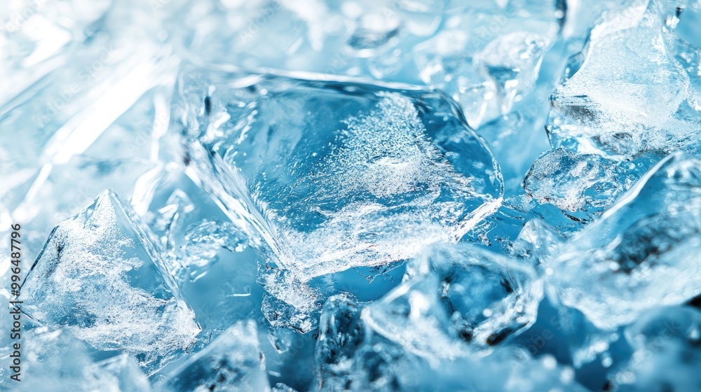 Close up of fractured ice shards with a cool blue background perfect for conveying cold themes Close up of fractured ice shards with a cool blue background perfect for conveying cold themes