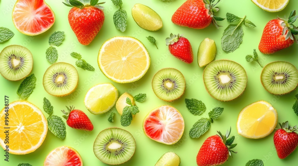 A vibrant collection of summer fruits featuring kiwi strawberries citrus and mint against a bright green backdrop A vibrant collection of summer fruits featuring kiwi strawberries citrus and mint against a bright green backdrop