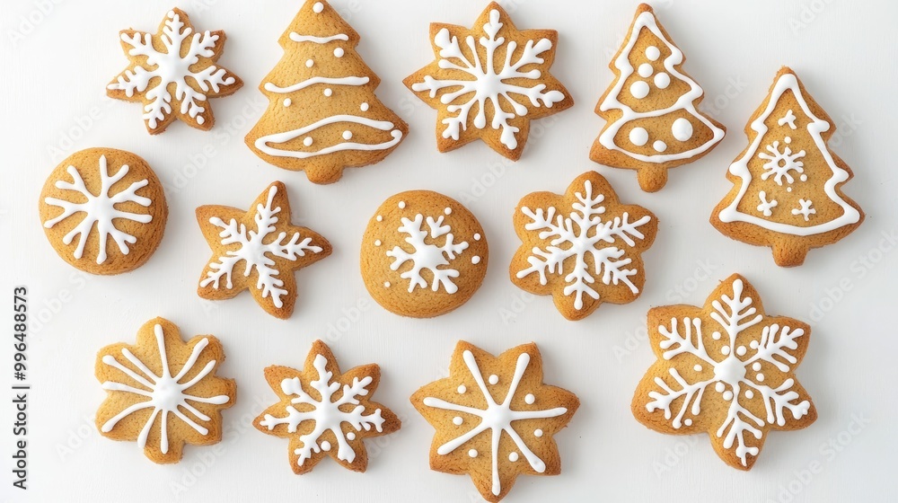 Gingerbread cookies in festive shapes including snowflakes and Christmas trees displayed on a white background from a top view Gingerbread cookies in festive shapes including snowflakes and Christmas trees displayed on a white background from a top view