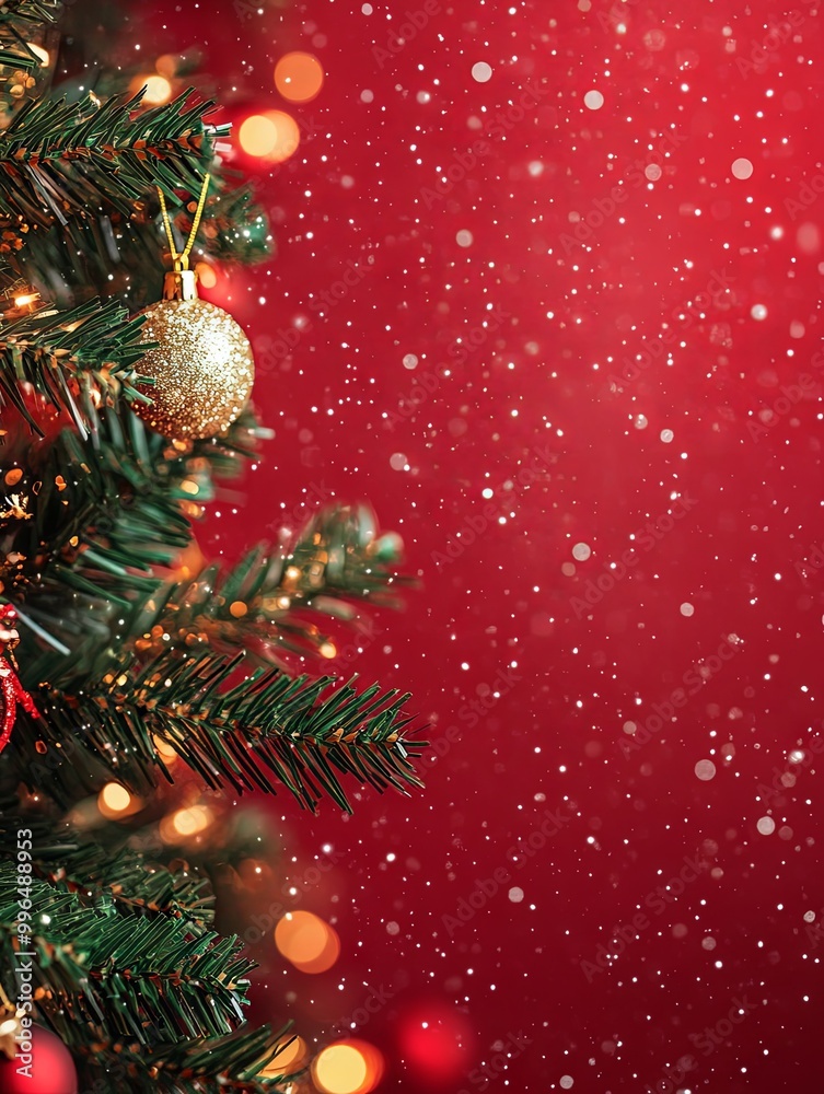 Christmas Tree Branch with Ornament and Red Background Christmas Tree Branch with Ornament and Red Background
