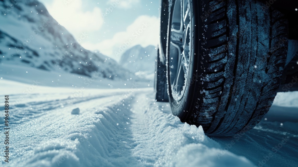 Close up of winter tire on a snow covered road featuring a wide banner and ample empty space for text on the left All logos and brand markings have been removed Close up of winter tire on a snow covered road featuring a wide banner and ample empty space for text on the left All logos and brand markings have been removed