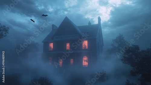 Eerie Haunted House in Foggy Night with Glowing Windows and Bats - Spooky Halloween Scene