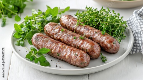 Skinless south European cevapcici sausages made from ground meat and spices served on a white plate with a side of thyme and watercress salad on a light wooden surface