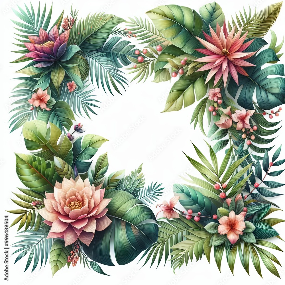 Frame of Tropical Leaves and Flowers Frame of Tropical Leaves and Flowers
