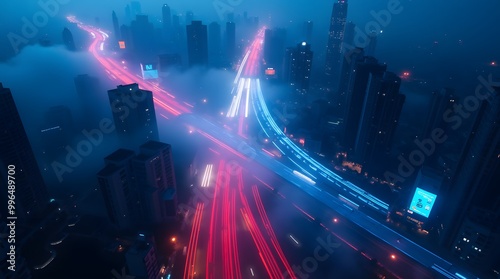 Aerial View of City Skyline with Traffic Lights at Night