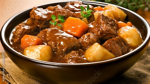 Delicious Beef Stew with Potatoes and Carrots in a Brown Bowl