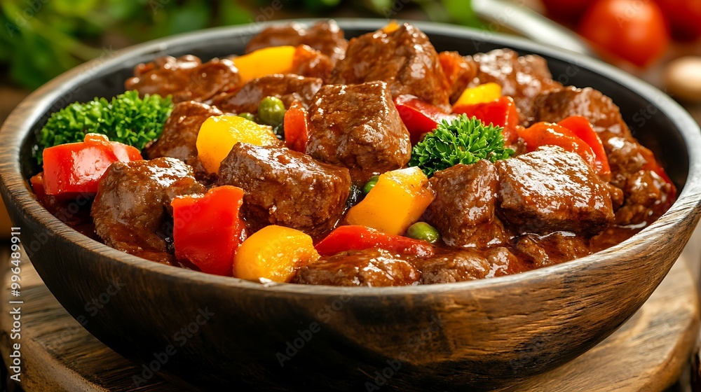 Delicious Beef Stew with Vegetables in Wooden Bowl Delicious Beef Stew with Vegetables in Wooden Bowl