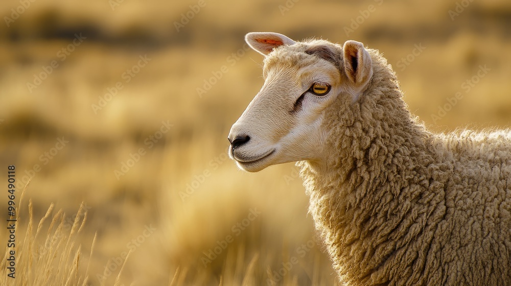 Side profile of a sheep with a backdrop of arid grass Side profile of a sheep with a backdrop of arid grass