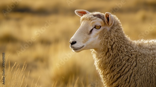 Side profile of a sheep with a backdrop of arid grass