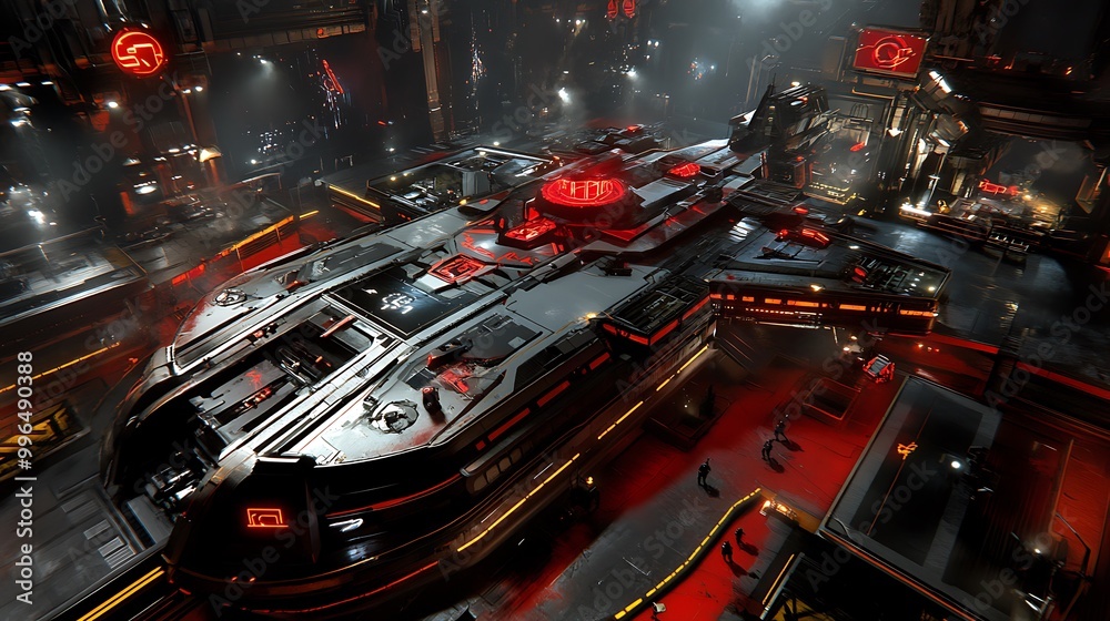 Futuristic Spaceship Docked In Hangar Futuristic Spaceship Docked In Hangar