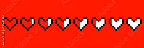 Pixel heart with game life bar. Vector hearts icons and health bar.