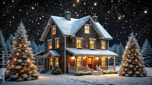 Christmas house with festive lights, surrounded by pine trees, creating a magical winter scene perfect for holiday celebrations.