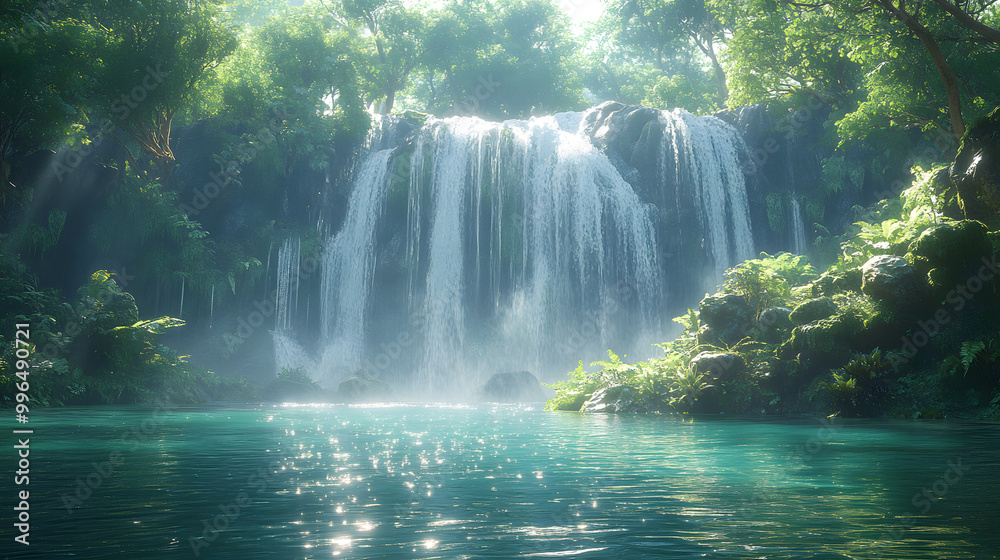 A Tranquil Jungle Scene with Lush Greenery Sparkling in the Sunlight, Creating a Serene Atmosphere Ideal for Relaxation and Nature Appreciation, Perfect for Travel and Environmental Themes
