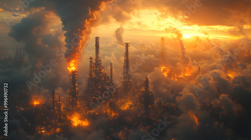 Cinematic View of an Oil Refinery in the Background with Smoke Billowing Against a Dramatic Sky, Capturing the Industrial Landscape and Environmental Impact, Ideal for Themes of Energy Production and 