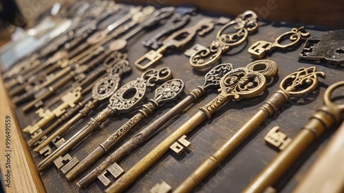 A display of intricate antique keys showcased at a vintage fair symbolizing historical significance and intrigue