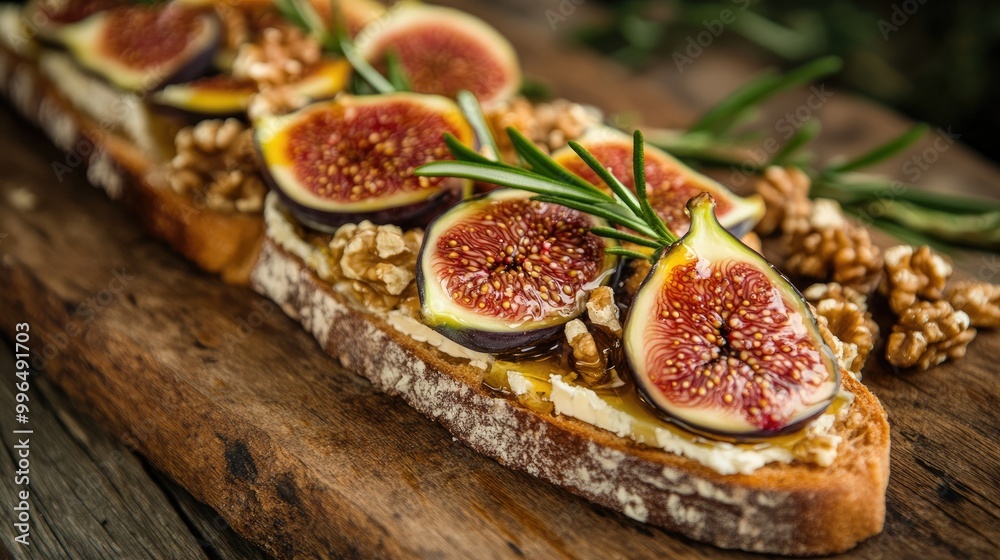 A beautifully arranged slice of bread topped with figs cheese honey and walnuts perfect for dessert or a snack served on a wooden cheese board A beautifully arranged slice of bread topped with figs cheese honey and walnuts perfect for dessert or a snack served on a wooden cheese board