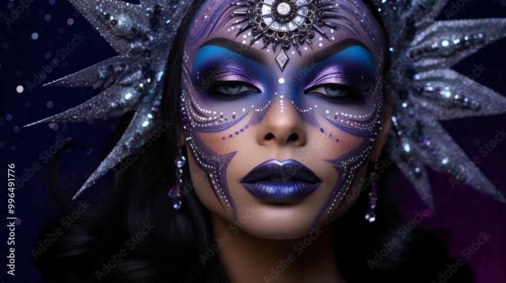 Beautiful drag queen in dress with purple fairy makeup. Neural network ai generated art Beautiful drag queen in dress with purple fairy makeup. Neural network ai generated art