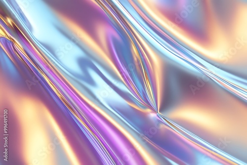 Abstract background with iridescent metallic texture in soft pastel colors. Vivid and reflective surface with a flowing, liquid appearance.