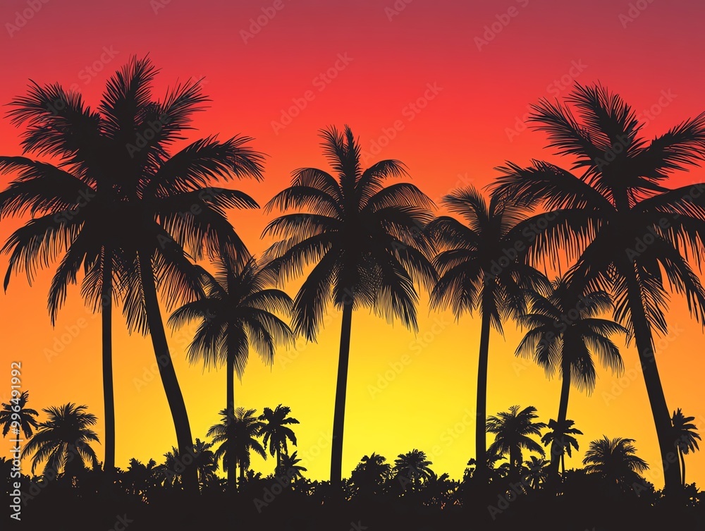 Silhouette of palm trees against a stunning sunset with vibrant orange and red sky, perfect tropical scene for vacation and nature themes. Silhouette of palm trees against a stunning sunset with vibrant orange and red sky, perfect tropical scene for vacation and nature themes.