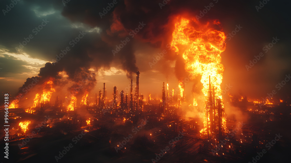 Cinematic View of an Oil Refinery in the Background with Smoke Billowing Against a Dramatic Sky, Capturing the Industrial Landscape and Environmental Impact, Ideal for Themes of Energy Production and Cinematic View of an Oil Refinery in the Background with Smoke Billowing Against a Dramatic Sky, Capturing the Industrial Landscape and Environmental Impact, Ideal for Themes of Energy Production and