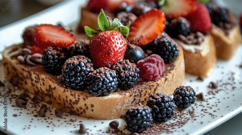 Breakfast featuring a slice of bread topped with chocolate sprinkles and fresh berries Breakfast featuring a slice of bread topped with chocolate sprinkles and fresh berries