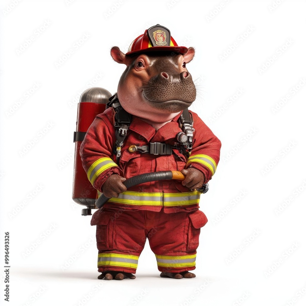 Hippo dressed as a firefighter with a hose white background Hippo dressed as a firefighter with a hose white background