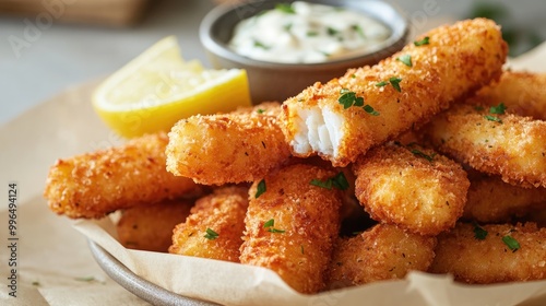 Appetizing fish sticks piled with tartar sauce and a lemon garnish creating an inviting presentation with space for captions