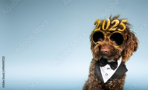 Stylish water dog with festive 2025 glasses on a blue background with space for text. Happy New Year. Card board