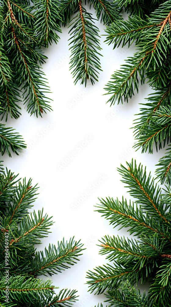 Decorative border frame with evergreen pine branches isolated on white background with copy space for text Decorative border frame with evergreen pine branches isolated on white background with copy space for text