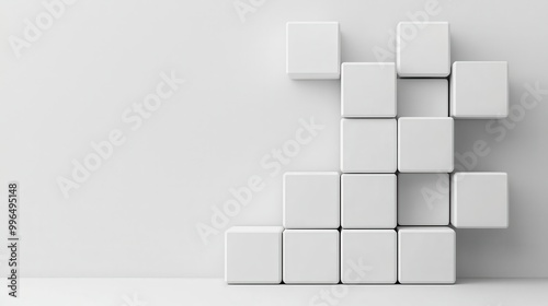 Stacked cubic structures, minimal aesthetics, white tones