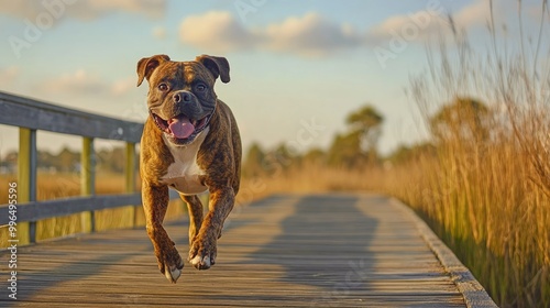 A brindle boxer dog running freely along a scenic boardwalk by a marshes showcasing a picturesque walking trail