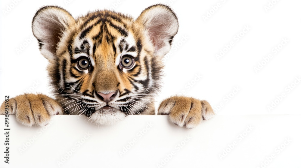 Curious tiger cub gazing over the top of a blank banner cutout style Curious tiger cub gazing over the top of a blank banner cutout style