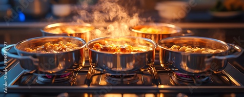 Thanksgiving dinner cooking in progress, pots simmering on the stove, warm lighting, 3D illustration photo