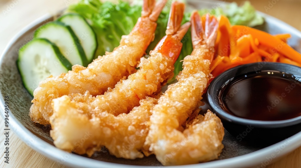 Crispy shrimp tempura accompanied by fresh vegetables and a flavorful dipping sauce Crispy shrimp tempura accompanied by fresh vegetables and a flavorful dipping sauce