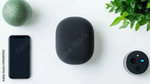 Smart speaker with illuminated LED lights and smartphone arranged in a flat lay on a white backdrop representing the concept of a digital assistant photo