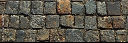 Cobblestone street texture, with uneven stones and weathered surfaces