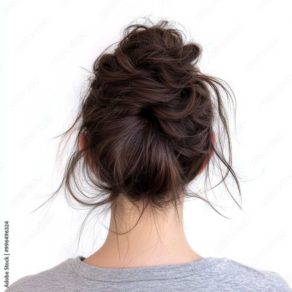 Obraz premium Messy bun with loose strands, long hair gathered, eyelevel back view, realistic texture, isolated on white background