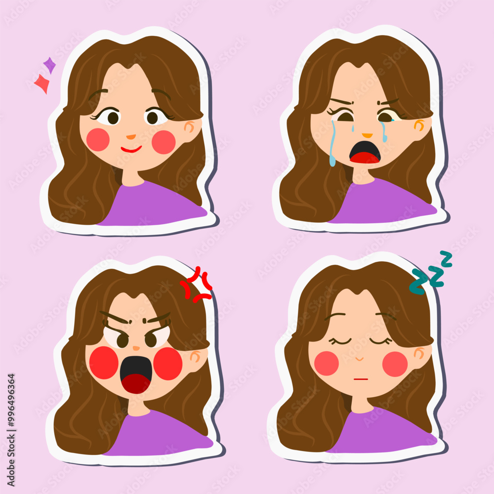 Cartoon-style vector sticker set featuring a girl with various emotional expressions including happy, sad, angry, and sleepy Cartoon-style vector sticker set featuring a girl with various emotional expressions including happy, sad, angry, and sleepy
