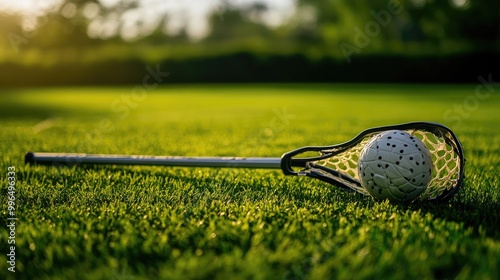 A lacrosse stick and ball resting on grassy terrain photo