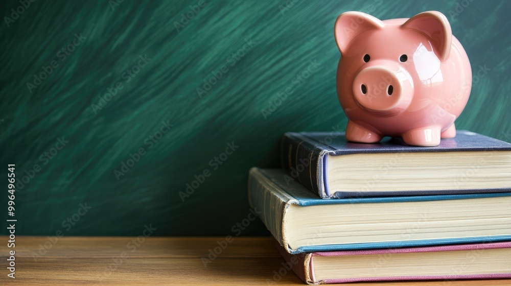 Glossy pink piggy bank sitting on a stack of hardcover books on a wooden desk with a green chalkboard backdrop Glossy pink piggy bank sitting on a stack of hardcover books on a wooden desk with a green chalkboard backdrop
