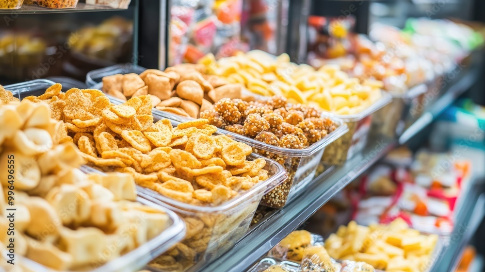 Various snack options showcased in a store setting featuring unhealthy food items in the background Various snack options showcased in a store setting featuring unhealthy food items in the background