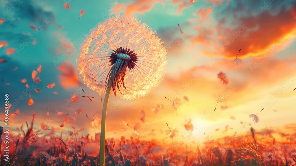 Naklejka premium Vibrant dandelion against a sunset sky swirling in the wind creating a spring inspired panoramic background