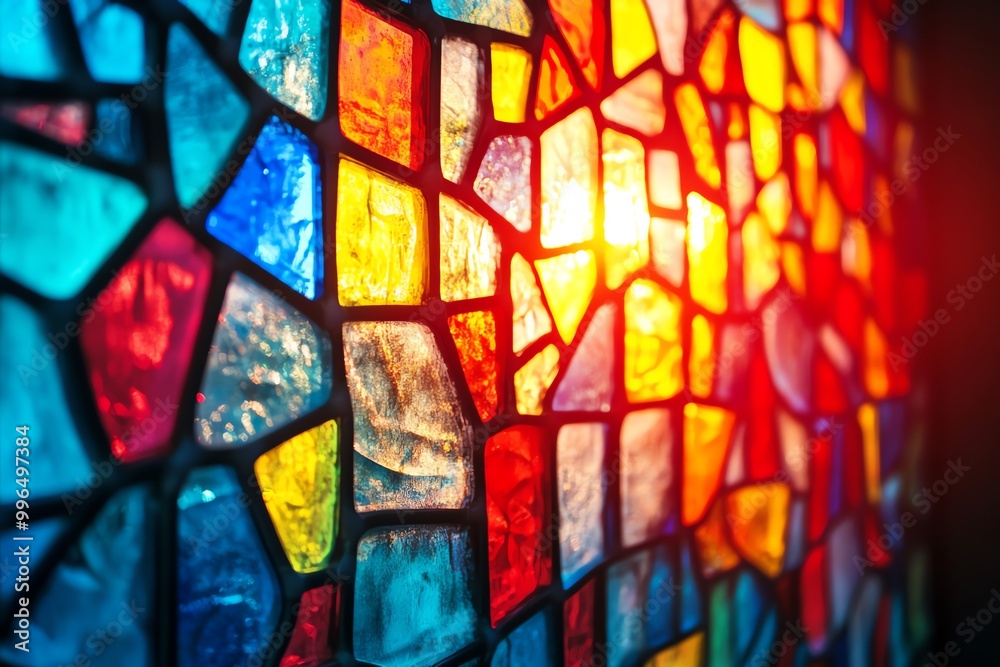 Fototapeta premium Colorful stained glass panel illuminated by sunlight, creating a vibrant and artistic mosaic effect.