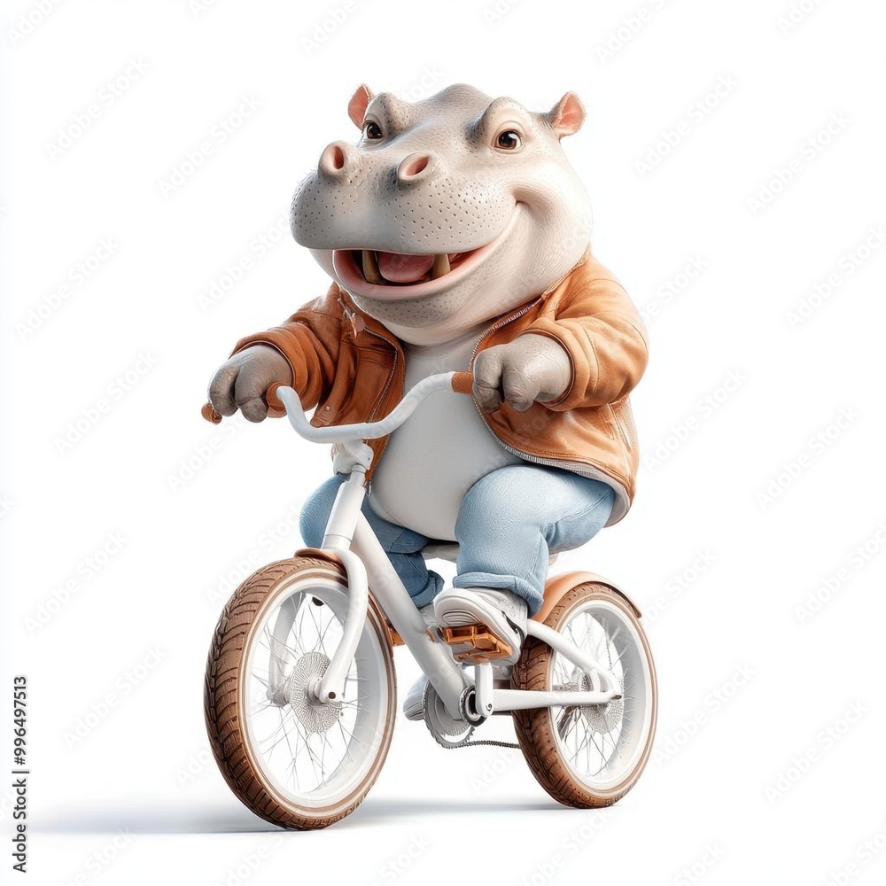 Hippo riding a bicycle with a joyful smile white background Hippo riding a bicycle with a joyful smile white background