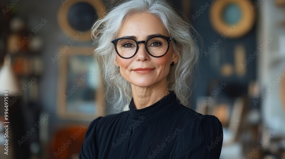 Portrait of a confident mature woman with grey hair and glasses