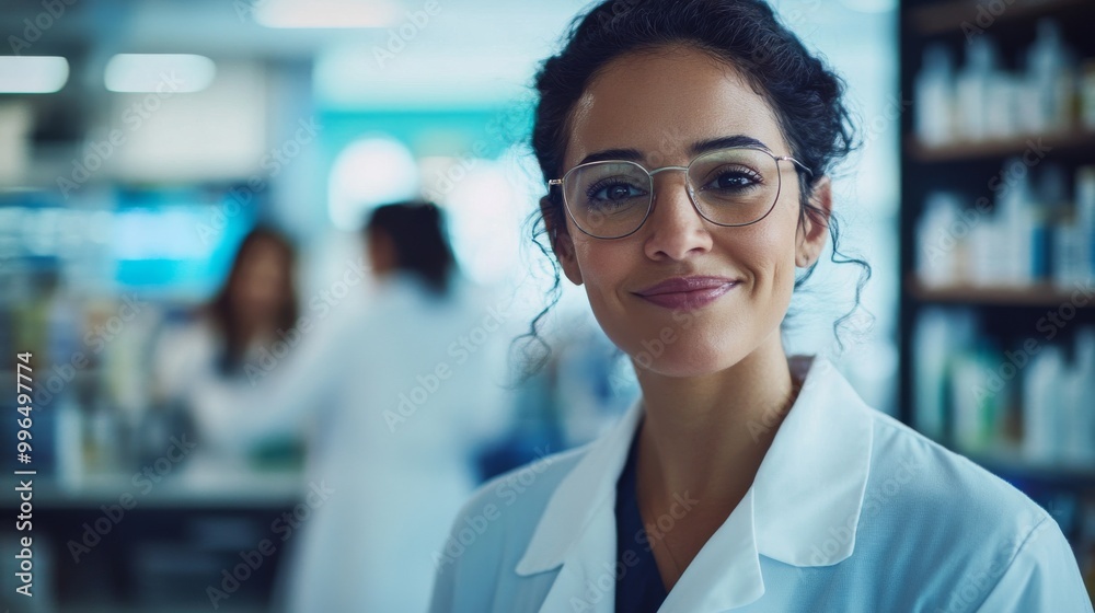 In a pharmacy, an African American pharmacist wears eyeglasses and is happy to be there In a pharmacy, an African American pharmacist wears eyeglasses and is happy to be there