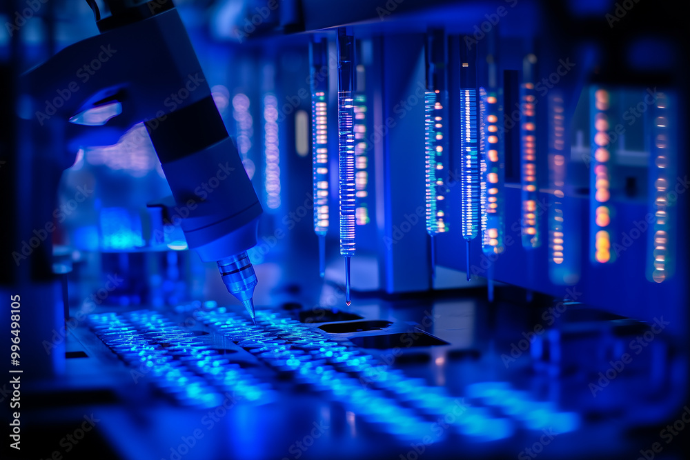 PCR processing in dark room, microbiological laboratory. Researcher pipetting samples of liquids in microplate for biomedical research. Scientist working at the biotechnology lab. Generative AI PCR processing in dark room, microbiological laboratory. Researcher pipetting samples of liquids in microplate for biomedical research. Scientist working at the biotechnology lab. Generative AI