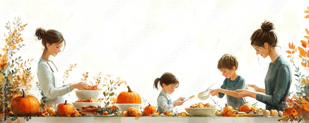 Thanksgiving holiday feast preparation, family in the kitchen, traditional dishes and ingredients, handpainted style, warm colors, isolated on white background Thanksgiving holiday feast preparation, family in the kitchen, traditional dishes and ingredients, handpainted style, warm colors, isolated on white background